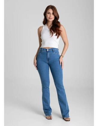 Imagem de Calça Flare Jeans Feminina Sawary Cintura Alta Boot Cut Elastano Lycra
