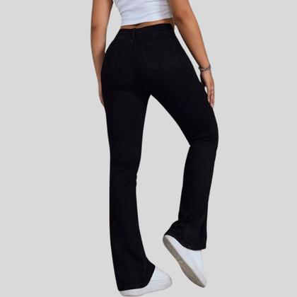 Imagem de Calça Flare Jeans Preta Feminina Boca de Sino Cintura Alta Modeladora