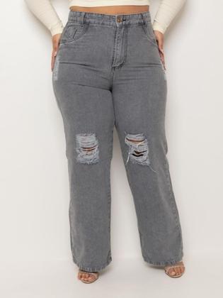 Imagem de Calça jeans cinza destroyed wide leg plus size wid leg pantalona premium