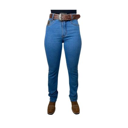 Imagem de Calça Jeans Country Feminina Tradicional Reta Os Boiadeiros Delavê Com Elastano Ref 027