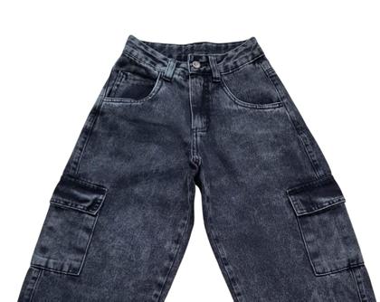Imagem de Calça Jeans Feminina Balão Cargo Infantil Juvenil Larga (6247)