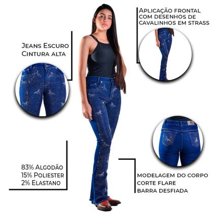 Imagem de Calça Jeans Feminina Bordada Strass Cavalinhos Rodeio Country Lançamento