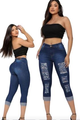 Imagem de Calça Jeans Feminina Capri Rasgada Com Lycra