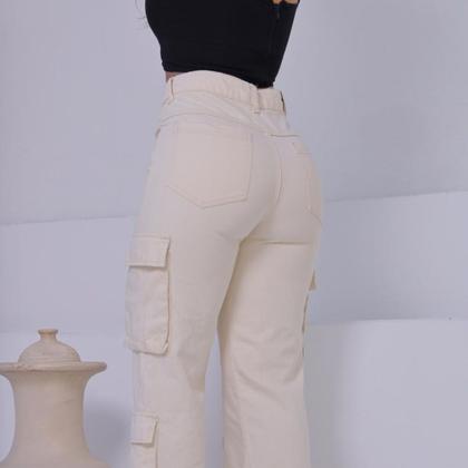 Imagem de Calça Jeans Feminina Cargo Off White com Bolsos Fole