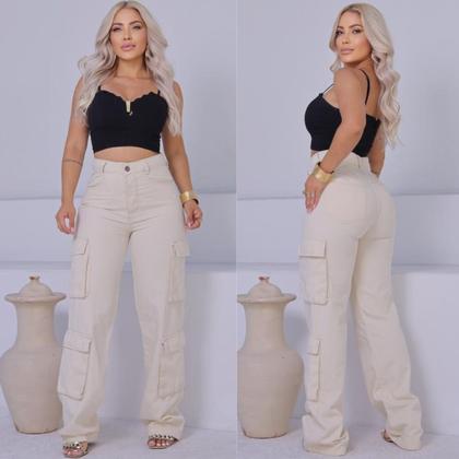 Imagem de Calça Jeans Feminina Cargo Off White com Bolsos Fole