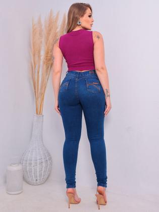 Imagem de Calça Jeans Feminina Cintura Alta Elastano Lycra Skinny Cós Alto Levanta Empina Bumbumn Hot Pants