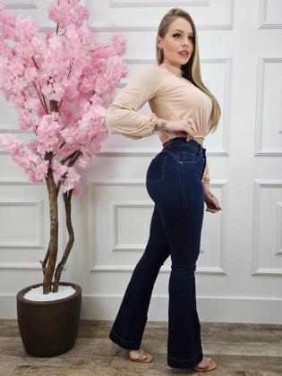 Imagem de Calça Jeans Feminina Flare Cintura Alta Cós alto Elastano Lycra Empina Bumbum