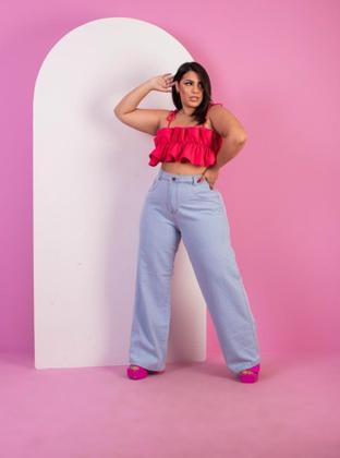 Imagem de Calça Jeans Feminina Lisa Clara Plus Size Pantalona