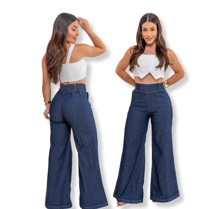 Imagem de Calça Jeans Feminina Pantalona com Lycra Wide Leg Cintura Alta