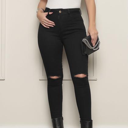 Imagem de Calça Jeans Feminina Preta Rasgo No Joelho Com Elastano
