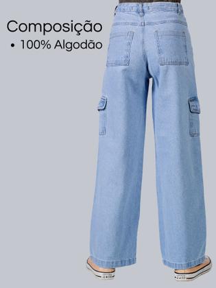 Imagem de Calça Jeans Feminina Wide Leg Cargo Infantil Juvenil Tecido Premium