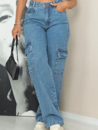 Imagem de Calça Jeans Feminina Wide Leg Cargo Versátil Casual Confortavel Verão