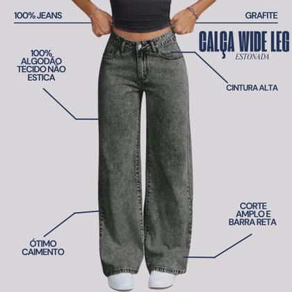 Imagem de Calça Jeans Feminina Wide Leg Pantalona Cinza Grafite