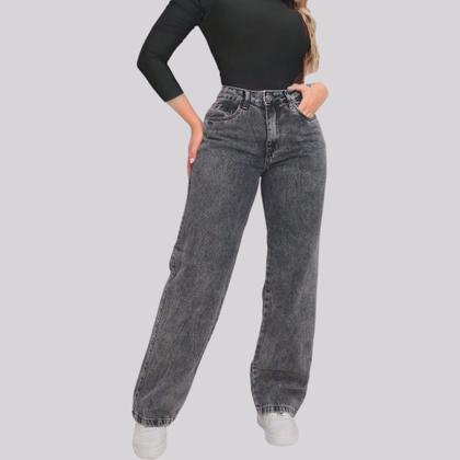 Imagem de Calça Jeans Feminina Wide Leg Pantalona Cinza Grafite