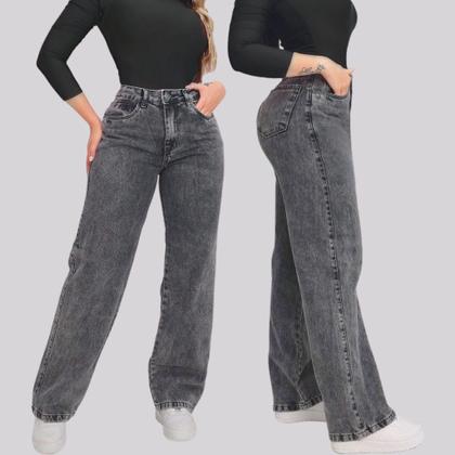Imagem de Calça Jeans Feminina Wide Leg Pantalona Cinza Grafite