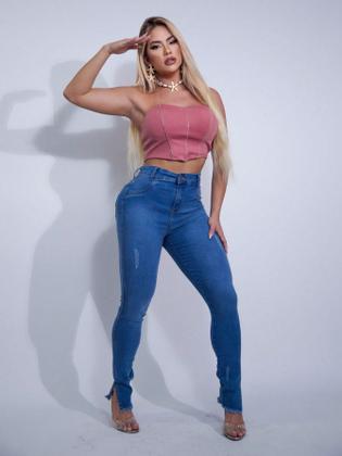 Imagem de Calça jeans femininan sky fuan puida com recorte lateral