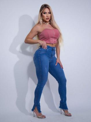 Imagem de Calça jeans femininan sky fuan puida com recorte lateral