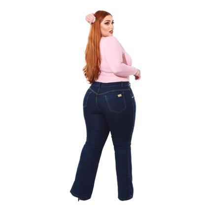 Imagem de Calça Jeans Flare plus size cintura alta azul escura com boca larga