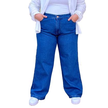 Imagem de Calça jeans plus size lavagem azul escuro wide leg new collection premium