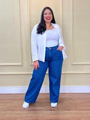 Imagem de Calça jeans plus size lavagem azul escuro wide leg new collection premium