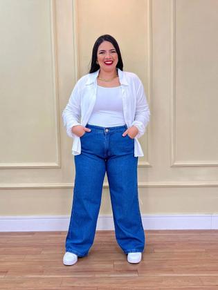 Imagem de Calça jeans plus size lavagem azul escuro wide leg new collection premium