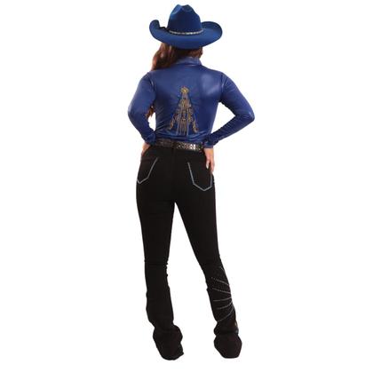 Imagem de Calça Jeans Preta Feminina Bordada Nossa Senhora Aparecida Strass e Brilhos Texas Ranch Jeans Cintura Alta Flare Moda Country