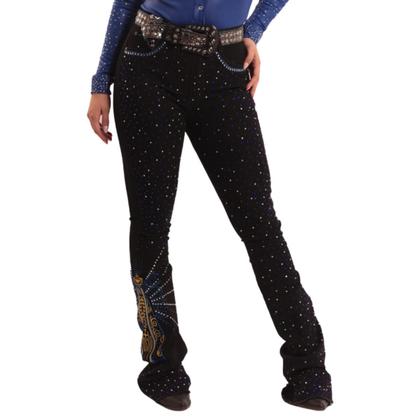 Imagem de Calça Jeans Preta Feminina Bordada Nossa Senhora Aparecida Strass e Brilhos Texas Ranch Jeans Cintura Alta Flare Moda Country