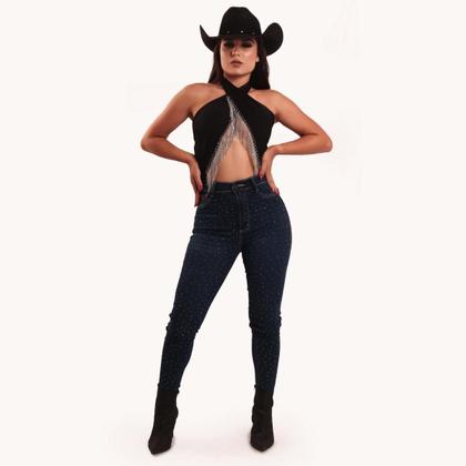 Imagem de Calça Jeans Skinny Azul Feminina Moda Country Bordada E Strass Brilhos Pedraria Texas Ranch Jeans Oficial Exclusiva Cintura Alta