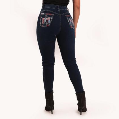 Imagem de Calça Jeans Skinny Azul Feminina Moda Country Bordada E Strass Brilhos Pedraria Texas Ranch Jeans Oficial Exclusiva Cintura Alta