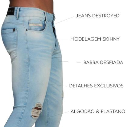 Imagem de Calça Jeans Skinny Destroyed Rasgada Barra Desfiada Detalhe