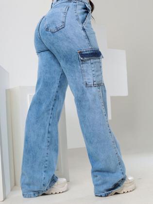 Imagem de Calça Jeans Sky Feminina WIde Leg Cargo Bolsos Lateral Ref: 0031