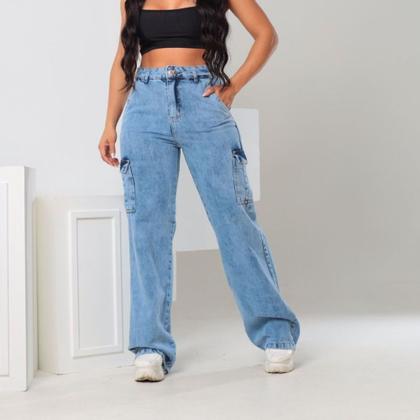 Imagem de Calça Jeans Sky Feminina WIde Leg Cargo Bolsos Lateral Ref: 0031