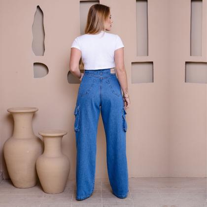 Imagem de Calça Jeans Wide Leg 100 Marmorizado Azul Com Bolso Mochila