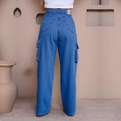 Imagem de Calça Jeans Wide Leg 100 Marmorizado Azul Com Bolso Mochila