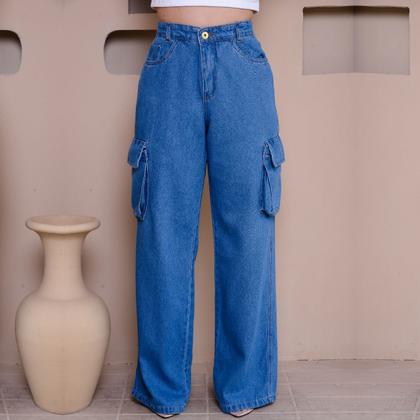 Imagem de Calça Jeans Wide Leg 100 Marmorizado Azul Com Bolso Mochila