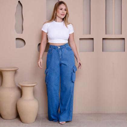 Imagem de Calça Jeans Wide Leg 100 Marmorizado Azul Com Bolso Mochila