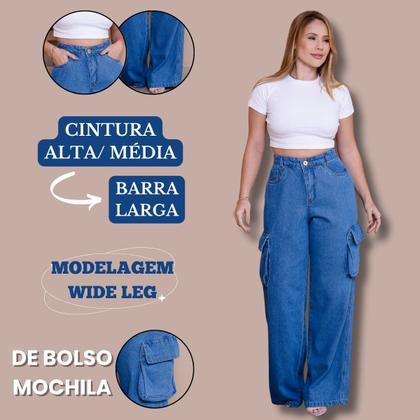 Imagem de Calça Jeans Wide Leg 100 Marmorizado Azul Com Bolso Mochila
