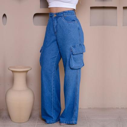 Imagem de Calça Jeans Wide Leg 100 Marmorizado Azul Com Bolso Mochila