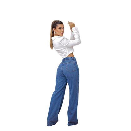 Imagem de Calça jeans wide leg basica cintura alta pantalona feminina