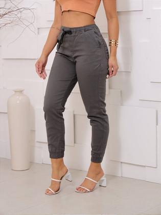 Imagem de Calça Jogger Feminina Sarja Cinza com Cordão Ajustável