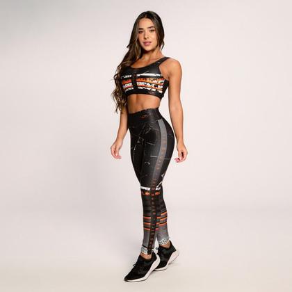 Imagem de Calça Legging Fitness Feminina Academia Suplex Estampada Preto com Laranja Strong Girl