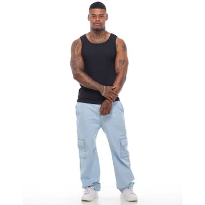 Imagem de Calça Masculina Cargo Jeans Claro Cos Elástico Cordão Skatista