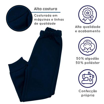 Imagem de Calça Moletom Juvenil infantil Flanelado 10 a 16 Elastico na Cintura Punho Inverno Uniforme Escolar dia a dia Sem bolso Azul Marinho Baby Deluxe