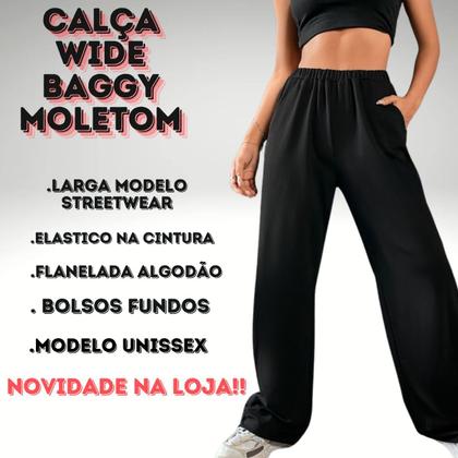 Imagem de Calça Moletom Wide Leg Feminina Estampada Streetwear Barra Reta