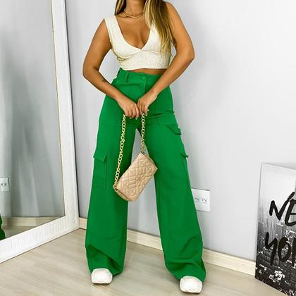 Imagem de Calça Pantalona Cargo Elegante Estilosa Moda Lançamento Top Wide Leg Linda Tendência Festa Social Descolada