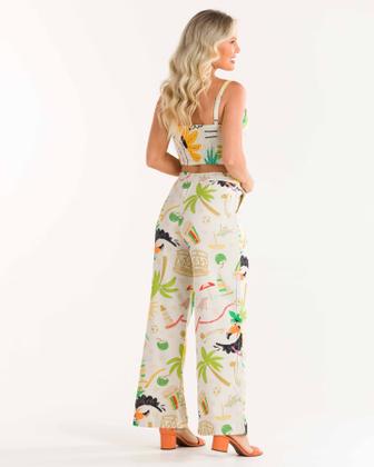 Imagem de Calça Pantalona Estampada Cós Alto em Linho - Indulto - Cru
