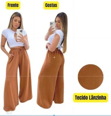 Imagem de Calça pantalona feminia lanzinha com bolso e elástico na cintura, wid legg, flare -moletinho