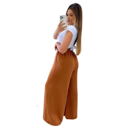 Imagem de Calça pantalona feminia lanzinha com bolso e elástico na cintura, wid legg, flare -moletinho