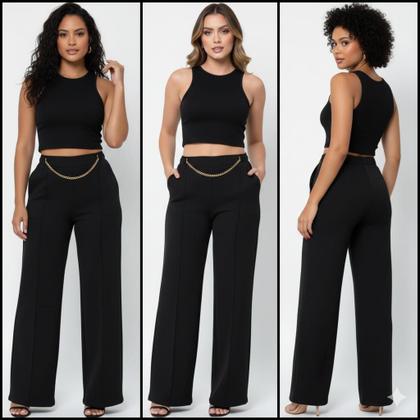 Imagem de Calça Pantalona Feminina com Corrente e com Bolso Elegante Estilosa Alfaiataria Moda Social Wide Leg Soltinha