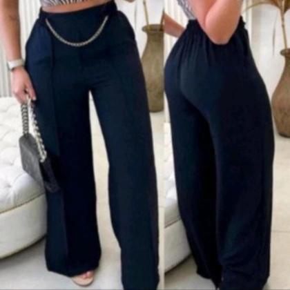 Imagem de Calça Pantalona Feminina com Corrente e com Bolso Elegante Estilosa Alfaiataria Moda Social Wide Leg Soltinha